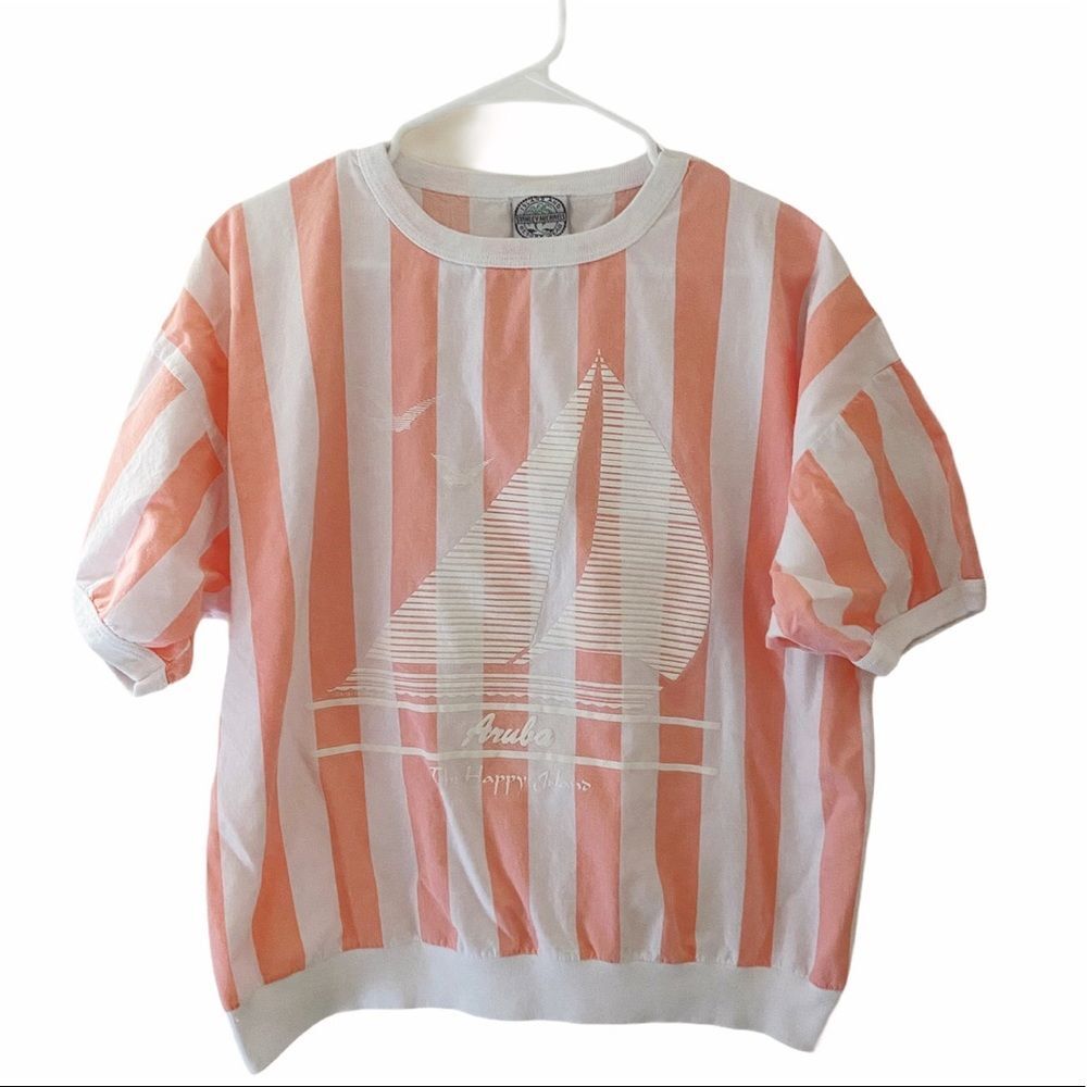 Vintage Stanley Michaels Pink White Stripe Shirt Aruba Short Sleeve Shirt Top